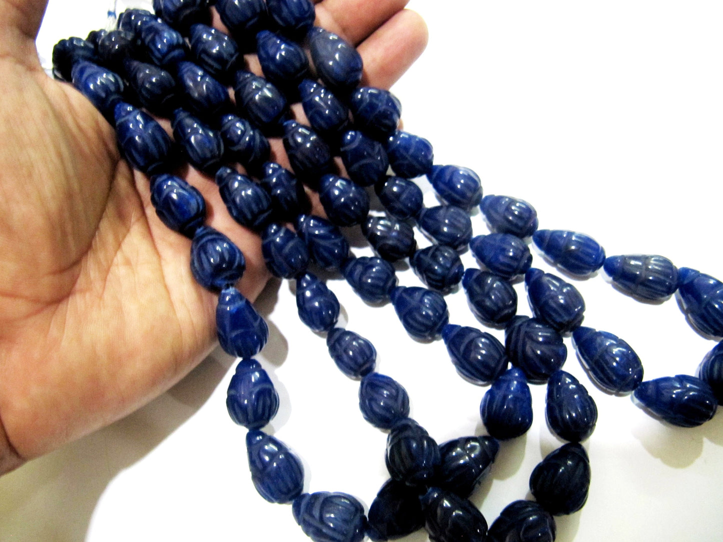 Sold Per 6 Loose Beads Best Quality Dyed Blue Sapphire Hand Carved Designer Size 10x14mm to 14x20mm Tear Drop Straight Drilled Beads
