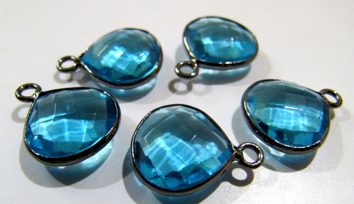 Blue Topaz Quartz Briolette Heart Shape 12mm Single Loop Bezel Connectors Charms For Jewelry Making Choose The Plating color sold per piece