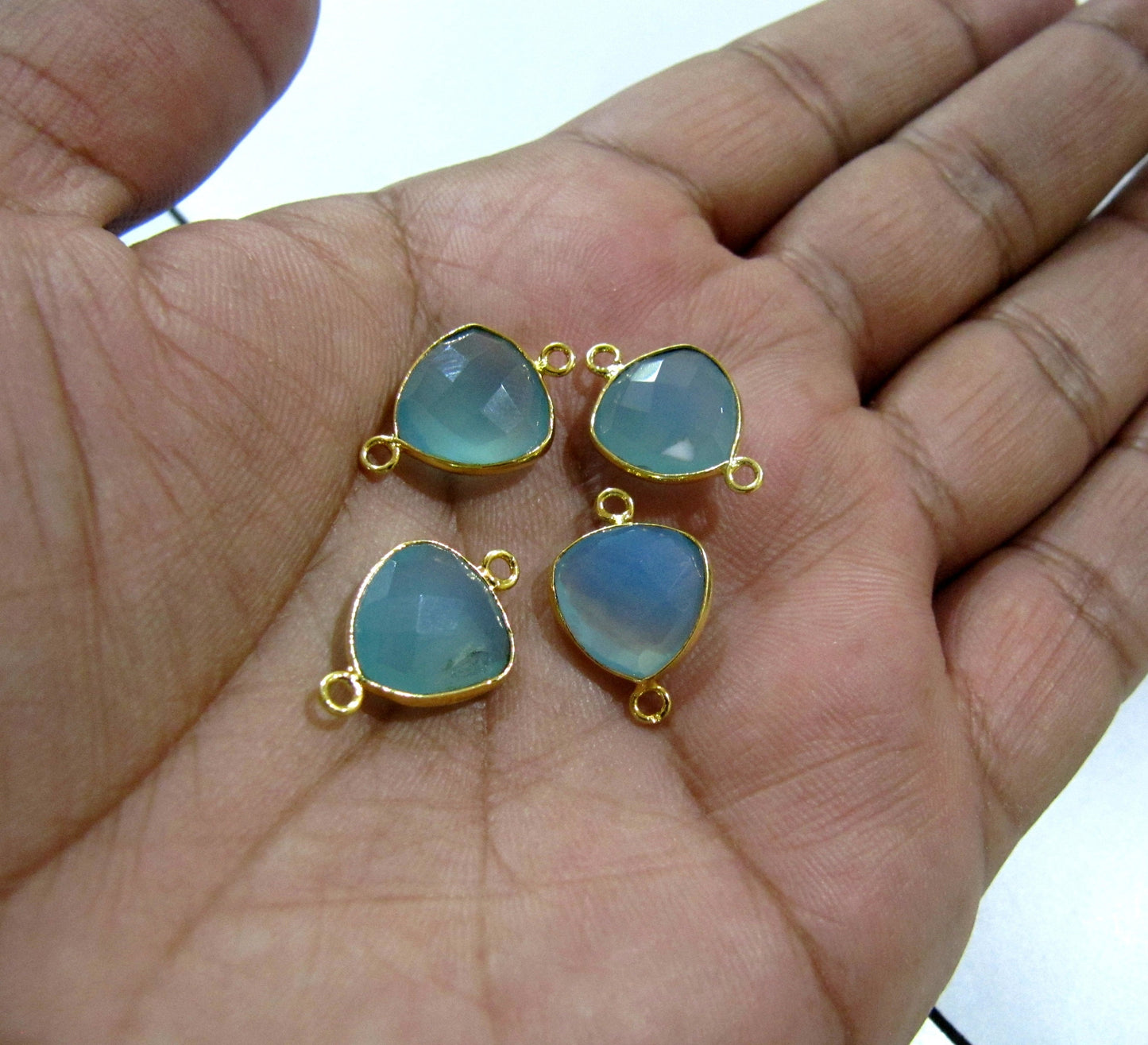 Aqua Chalcedony Heart Shape 12mm Briolette Connectors Aqua Hydro Quartz Stone Double Loop Bezel Jewelry Making Bezel sold per piece