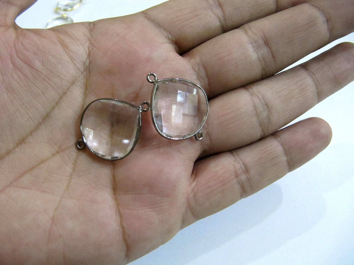 Natural Rock Crystal Heart Shape 20mm Briolette Connector Genuine Crystal Quartz Bezel Connector Double Loop Wholesale sold per piece