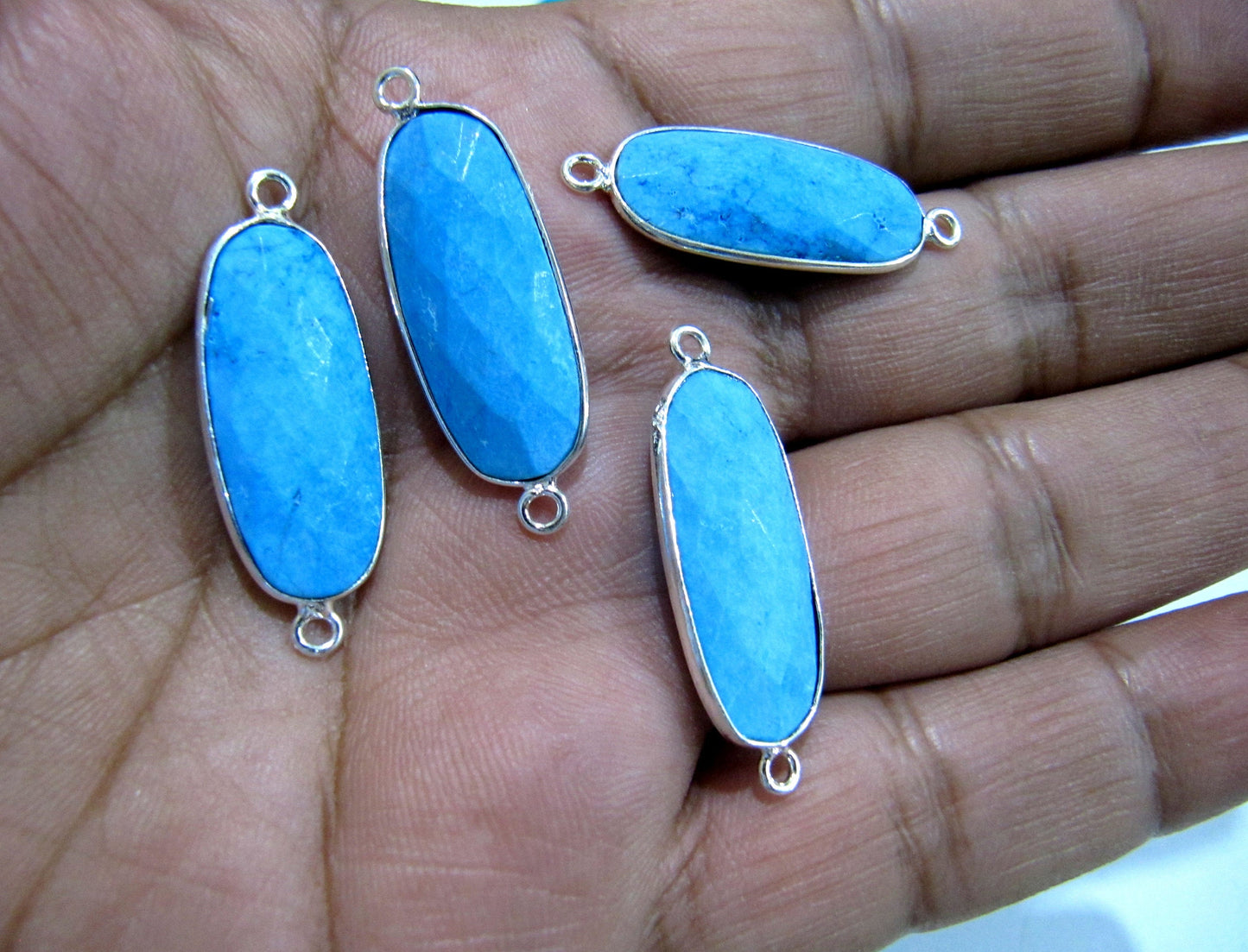 Natural and Genuine Turquoise Magnesite Oval Shape 22x27mm Briolette Connector Double Loop Semi Precious Gemstone Bezel Per Piece