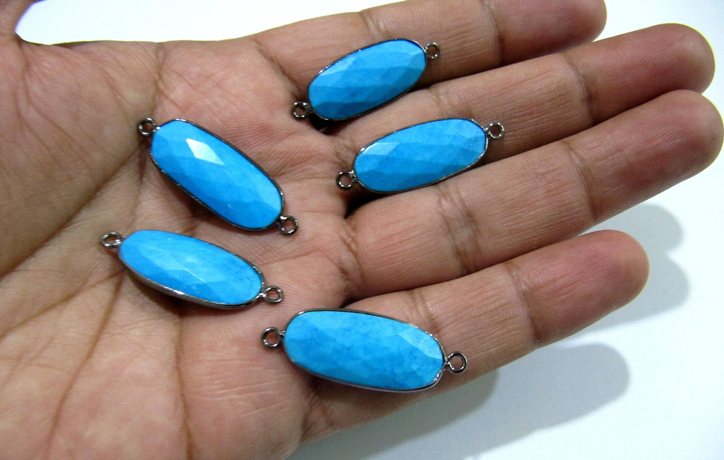 Natural and Genuine Turquoise Magnesite Oval Shape 22x27mm Briolette Connector Double Loop Semi Precious Gemstone Bezel Per Piece