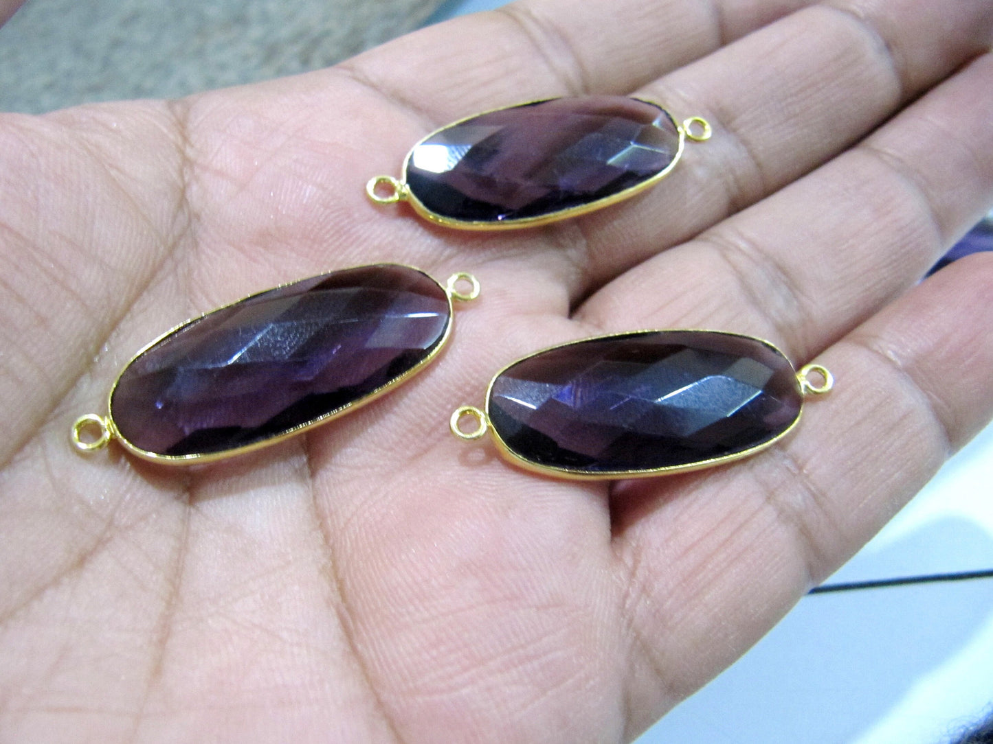 2 Pcs Set Amethyst Oval Shape 14x30mm Briolette Connectors Hydro Quartz Amethyst Double Loop Bezel Charms Top Quality Wholesale prices