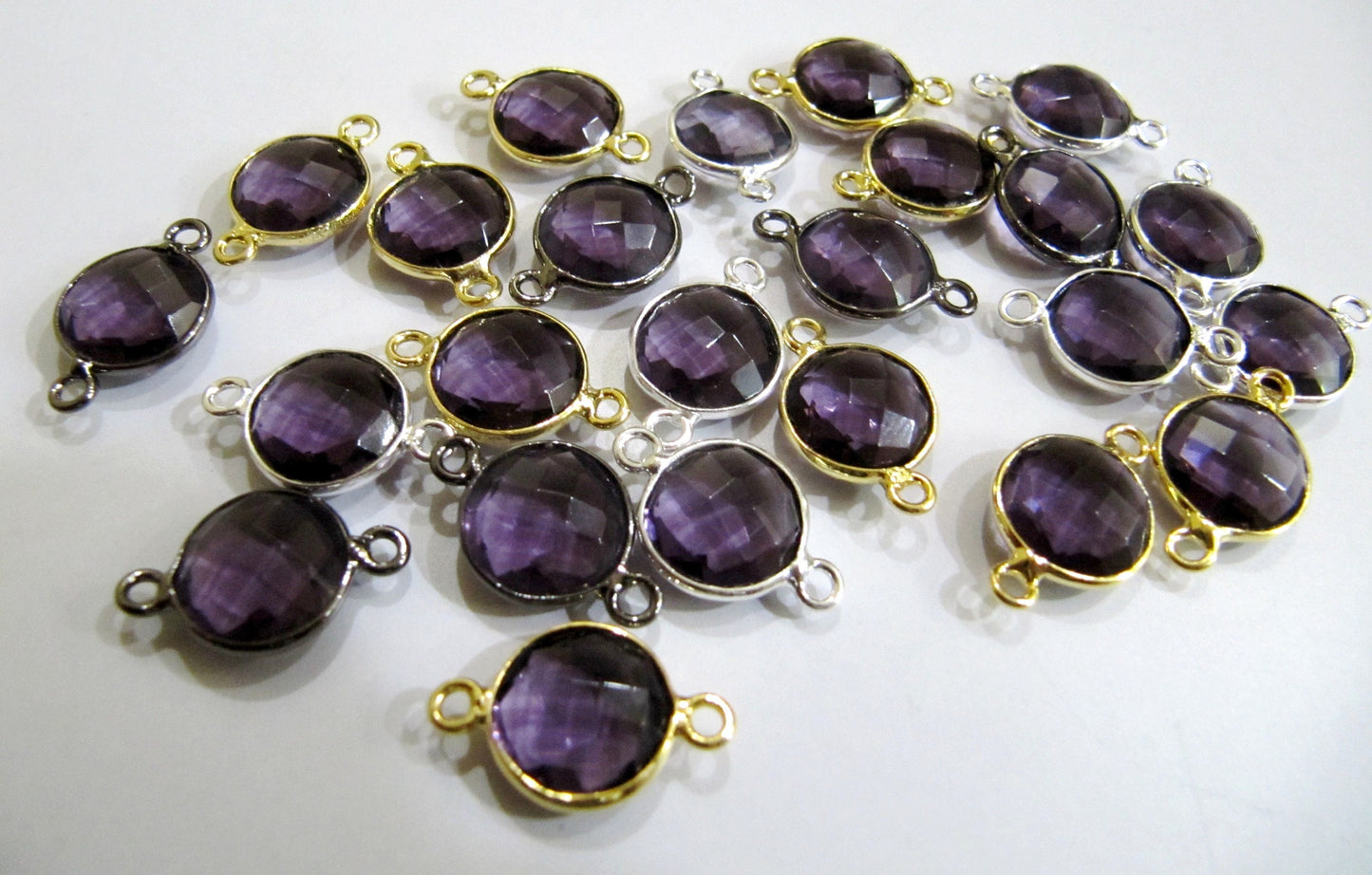 Amethyst Quartz Round Coin Shape 10 to 11mm Briolette Faceted Double Loop Bezel Connectors Wholesale price Choose the Plating Color