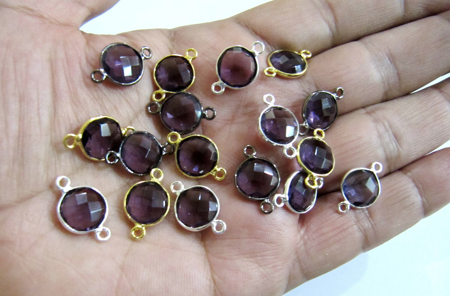 Amethyst Quartz Round Coin Shape 10 to 11mm Briolette Faceted Double Loop Bezel Connectors Wholesale price Choose the Plating Color