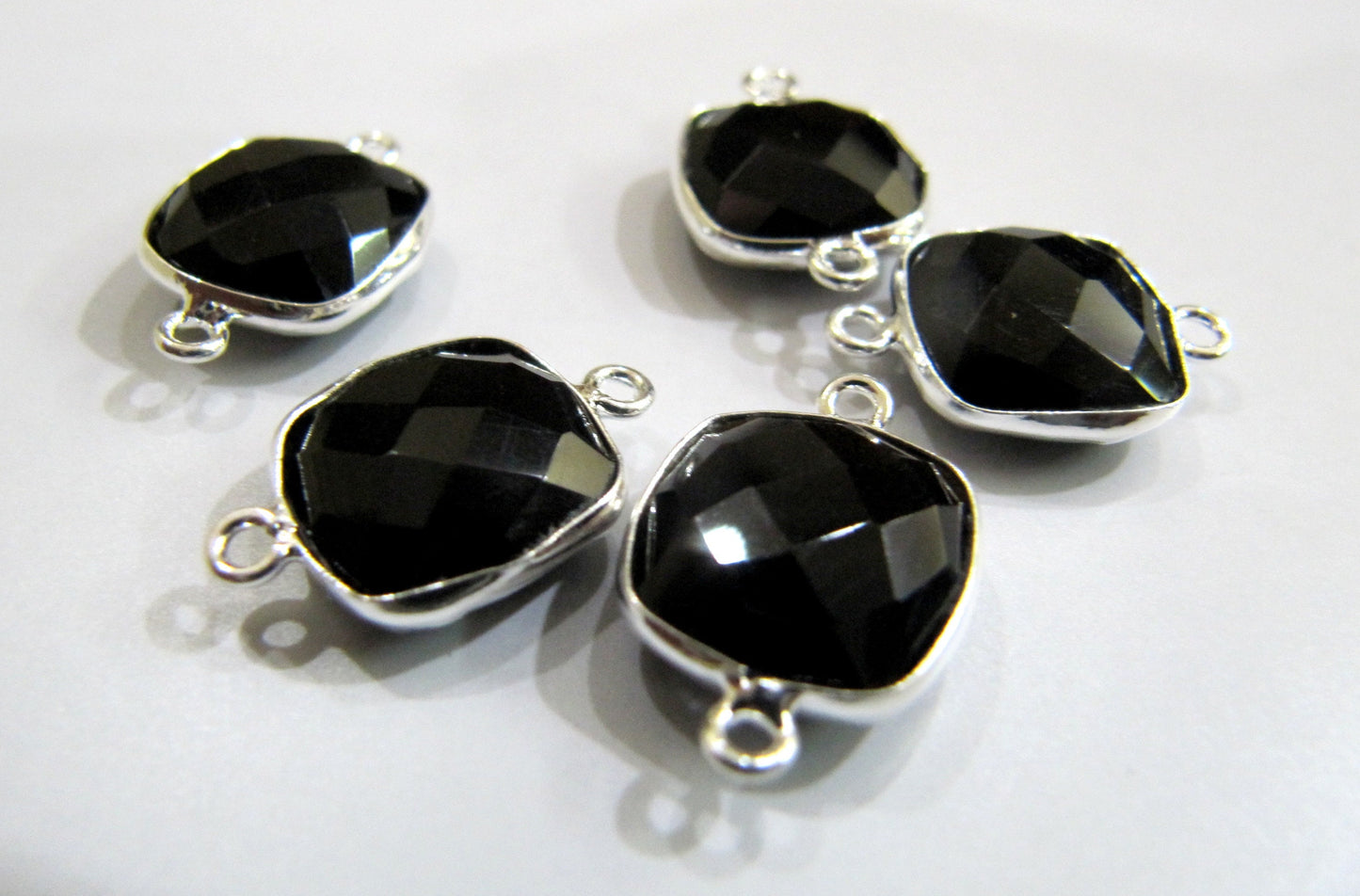 Natural Black spinel Cushion Square Shape 10mm Briolette Double Loop Bezel Connector charm Choose the plating Sold per Piece Wholesale Price