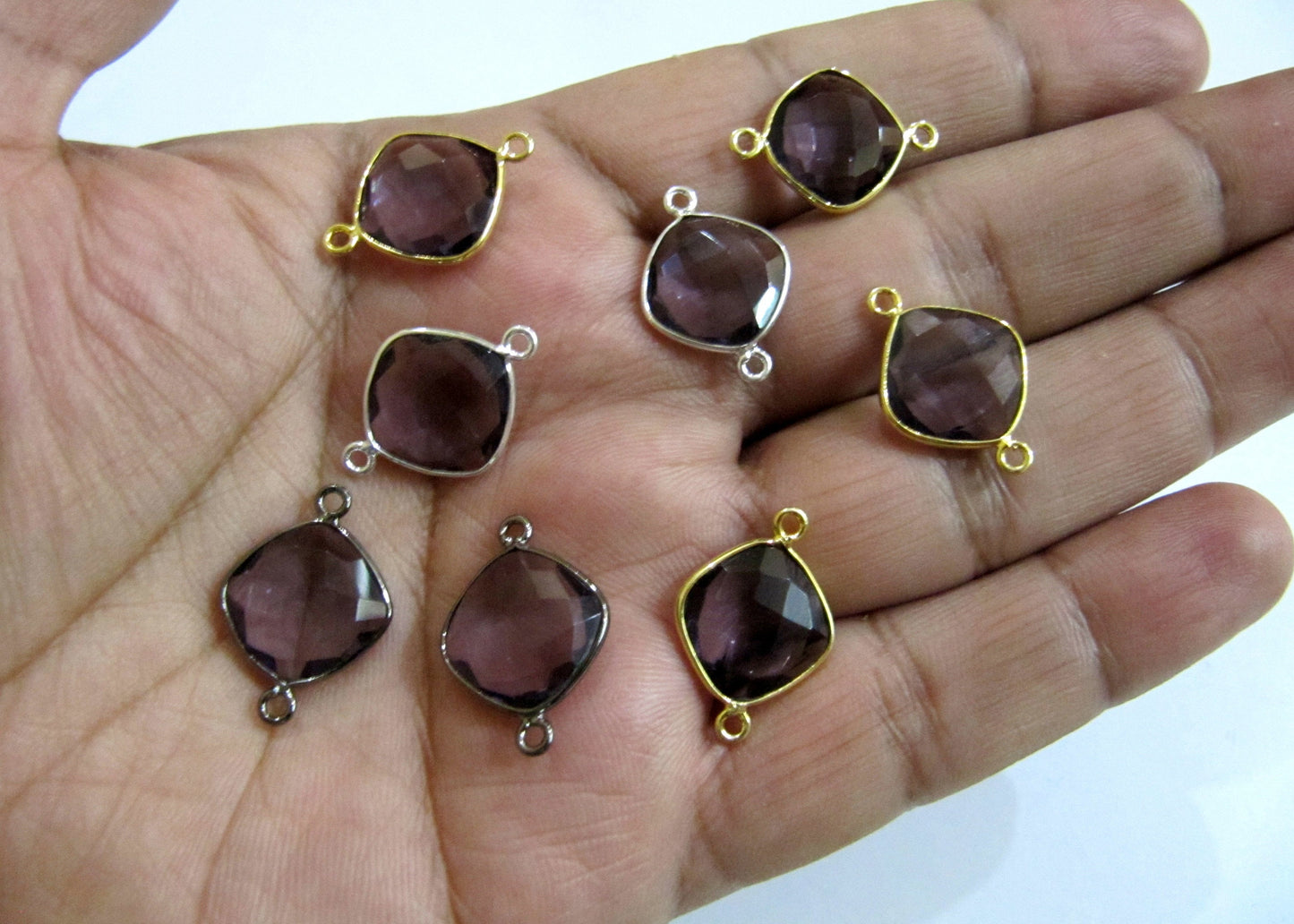 Amethyst Quartz Cushion Shape Briolette Faceted 12-13mm Double Loop Bezel Connectors Choose the plating Color Sold per Piece