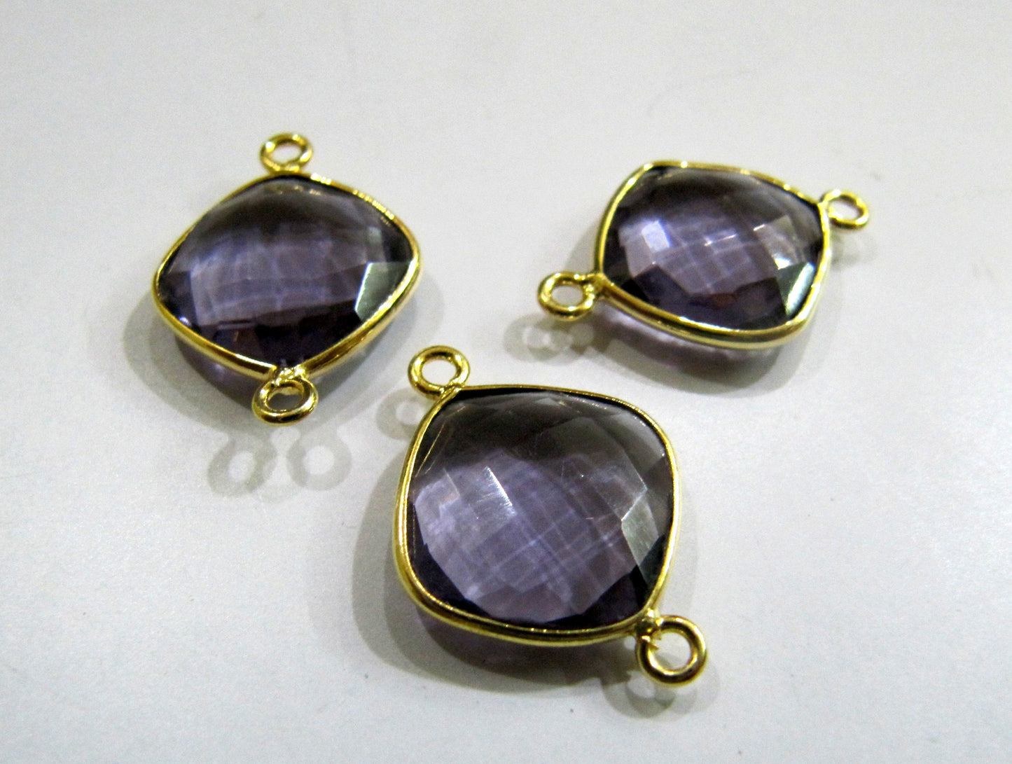Amethyst Quartz Cushion Shape Briolette Faceted 12-13mm Double Loop Bezel Connectors Choose the plating Color Sold per Piece