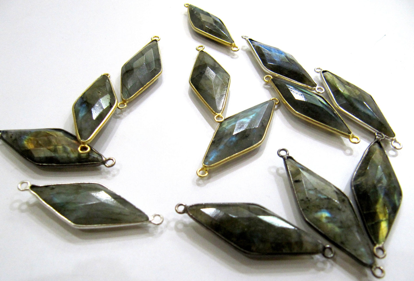 Natural Labradorite Marquise Fancy Shape Size 14x34mm Laser Cut Briolette Faceted Double loop bezel Connectors charms Sold Per Piece