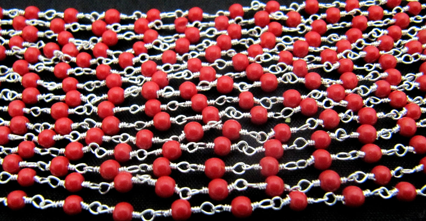 3 Feet-Coral Quartz Plain Smooth Round 3mm ball shape beaded Wire Wrapped Chain Wholesale Prices Jewelry Making Quartz chain