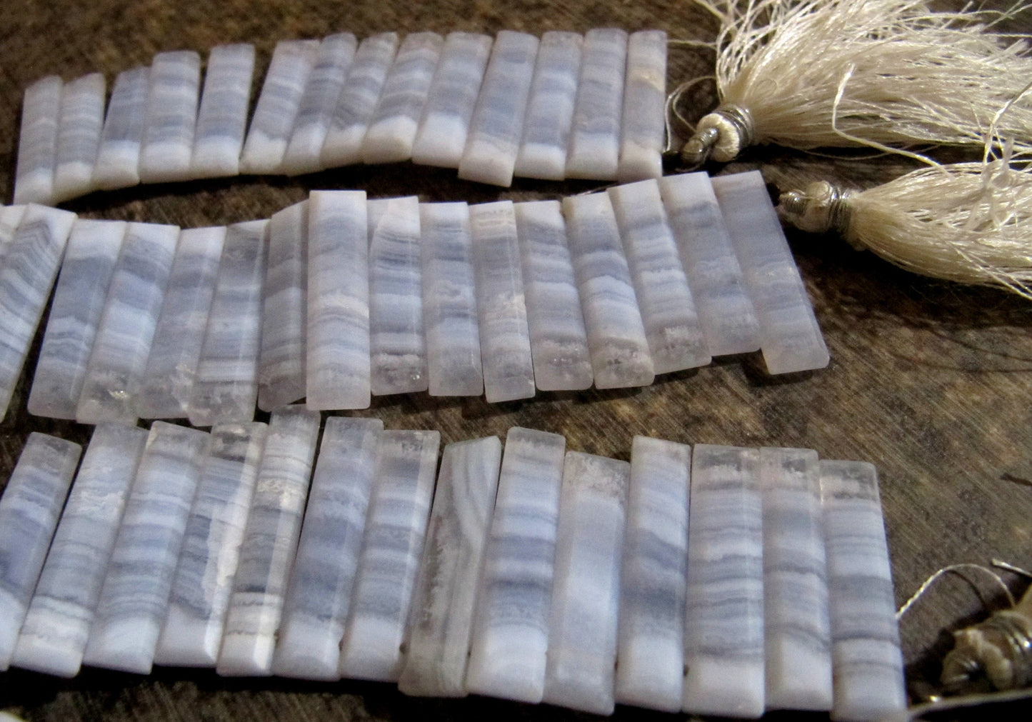 Natural Blue Lace Agate Briolette Faceted Baguette Shape 25-30mm Approximately Long Side Drilled Beads strand 8 Inches long Sold Per Strand