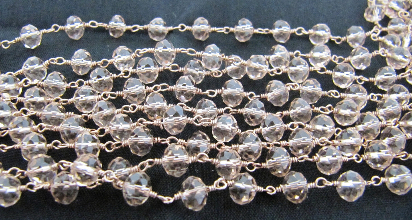 Pink Quartz Rondelle Faceted wire wrapped Aati 6mm Hydro quartz beaded Rosary chain Wholesale Price Choose the Plating sold per foot