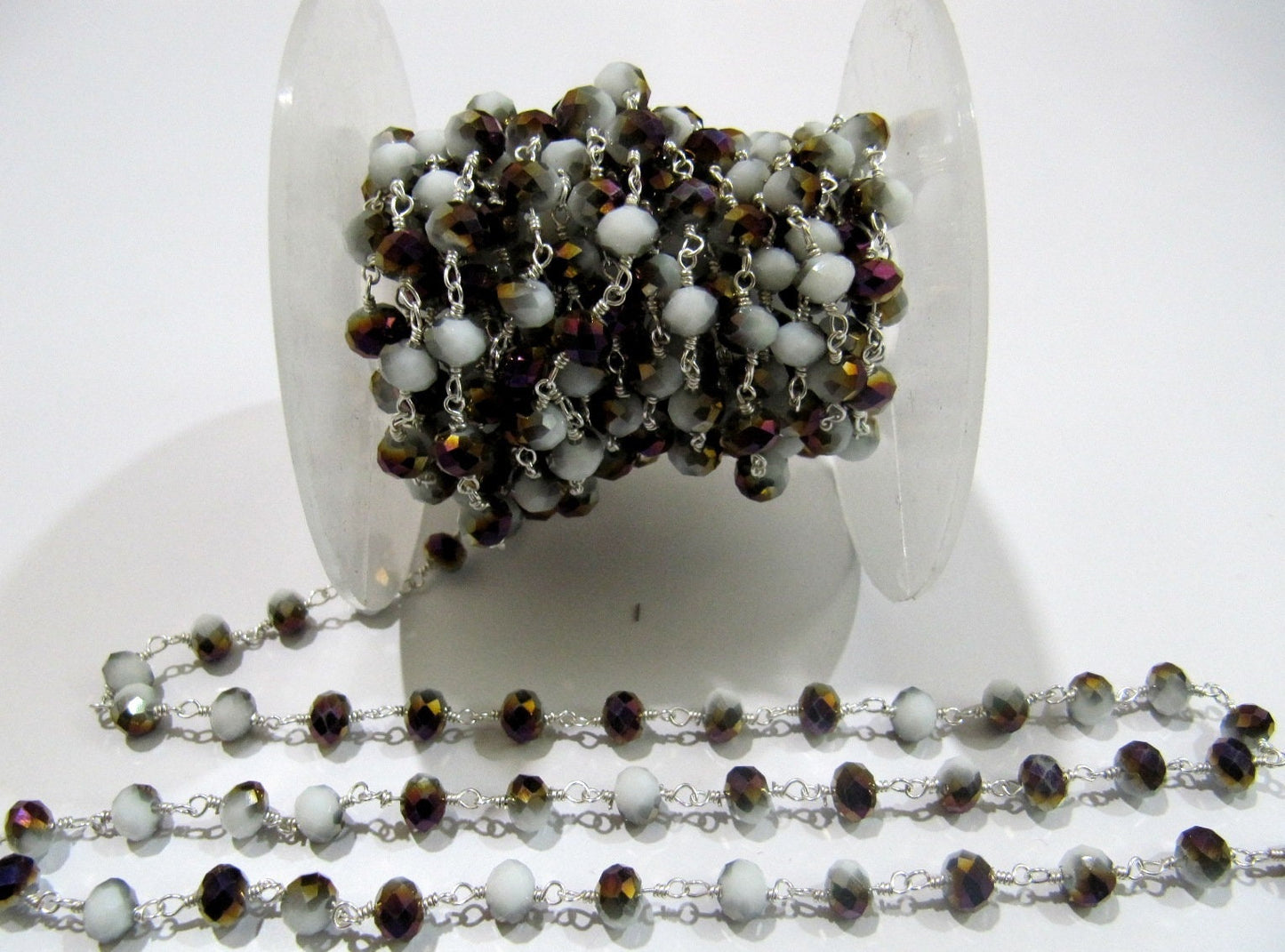 3 Feet-Mystic Coated Purple Moonstone Hydro Quartz 6mm Wire Wrapped Beaded Rosary Chain Wholesale Prices Choose the plating Color