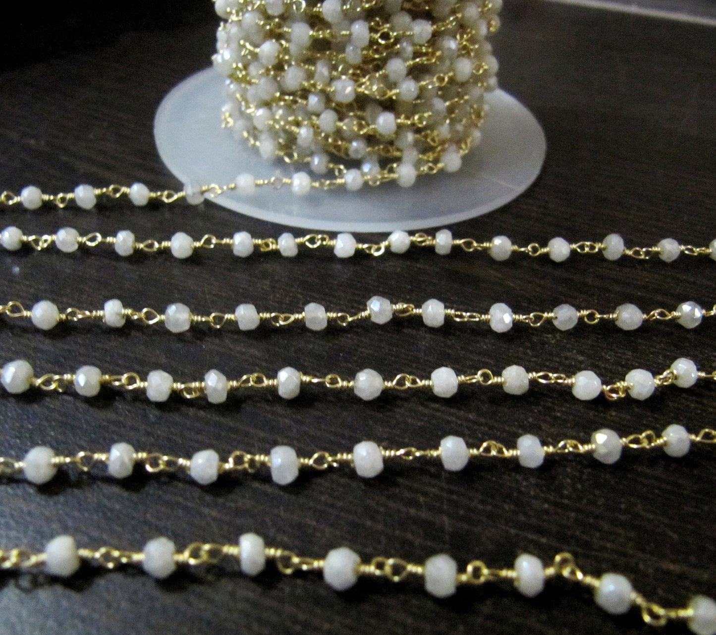 Mystic White Chalcedony Rondelle Faceted Beaded Chain 3mm Size White Hydro Quartz Bead Rosary Chain Choose the plating Sold per foot