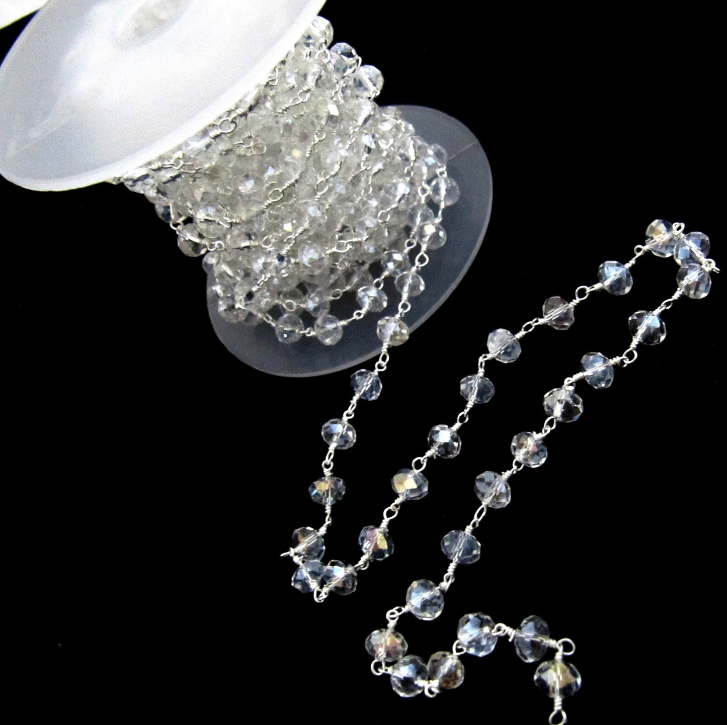 3 Feet- Crystal Quartz Mystic Coated Beaded Rosary Chain Rondelle Faceted 6mm Clear Quartz Beads Chain Wholesale Prices