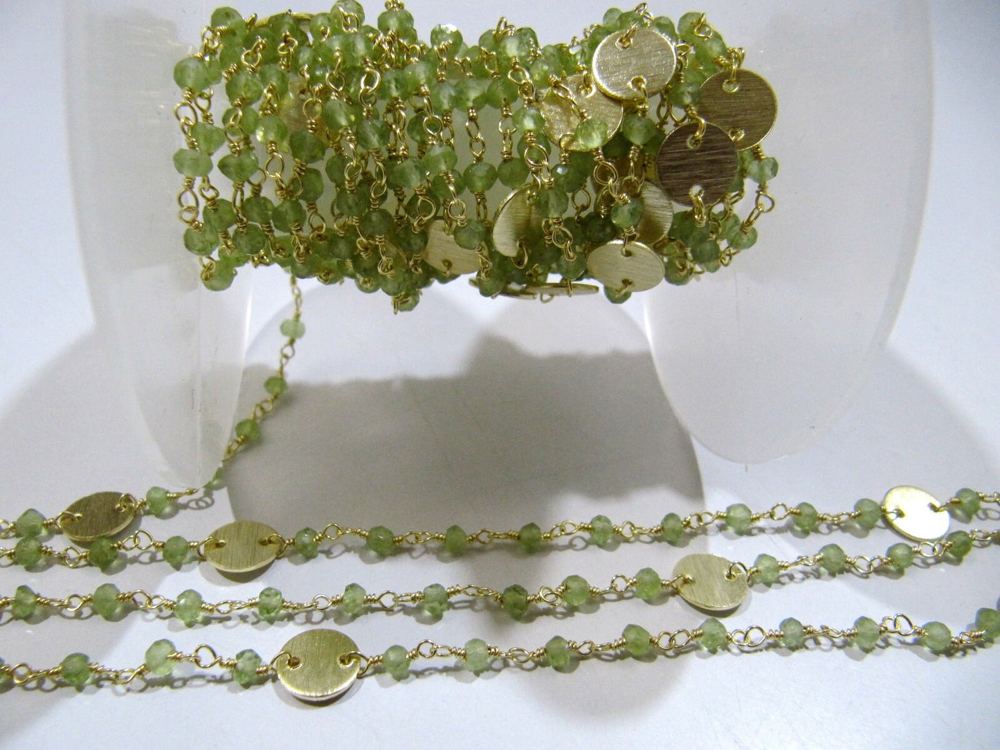 Natural Peridot Rondelle Faceted Beads 3-4mm Rosary Chain with Metal Coin Gemstone Handmade beaded Wire Wrapped Chain Sold Per Foot
