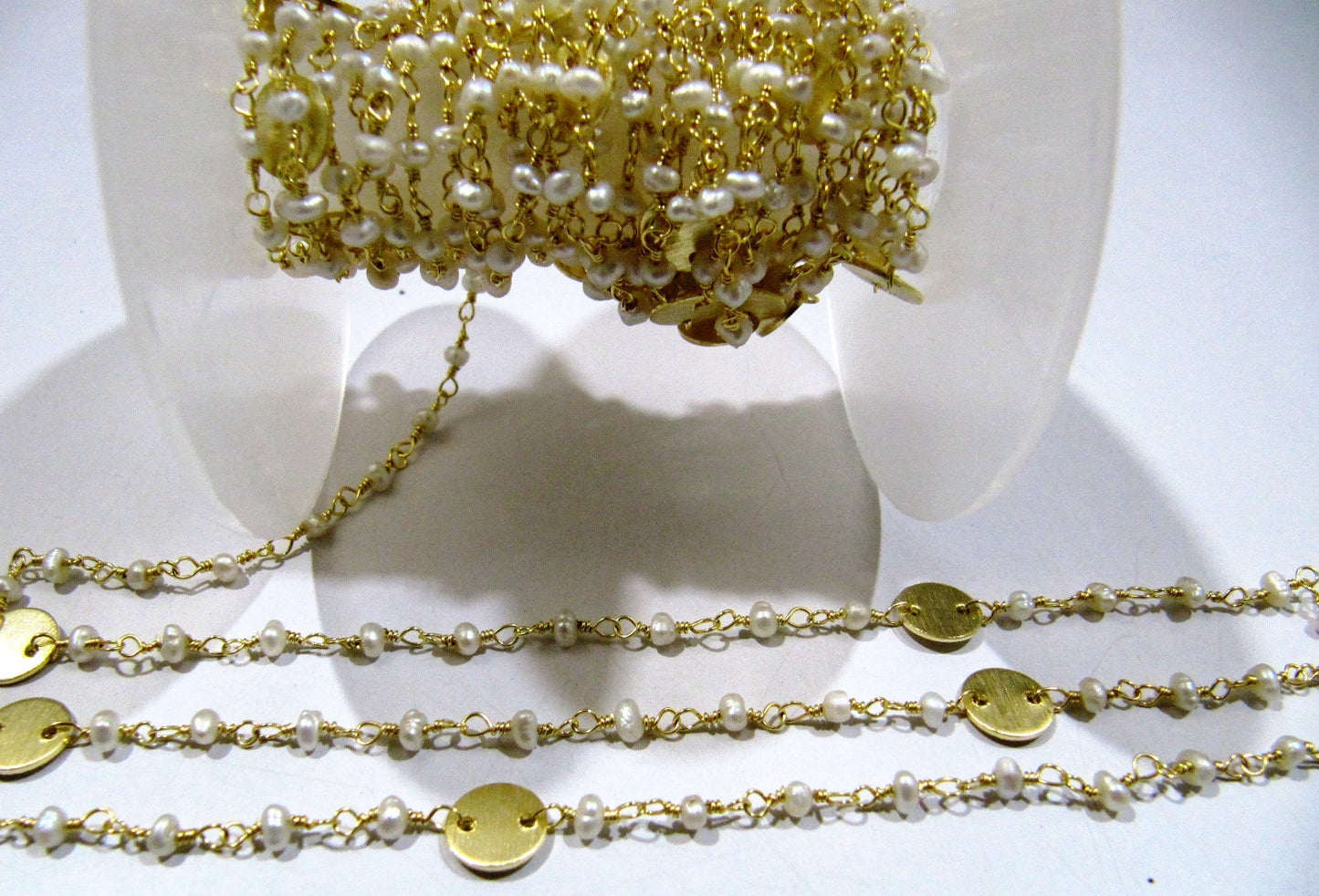 Natural Pearl Rondelle Faceted Beads 3-4mm Rosary Chain with Metal Coin Gemstone Handmade beaded Wire Wrapped Chain Sold Per Foot