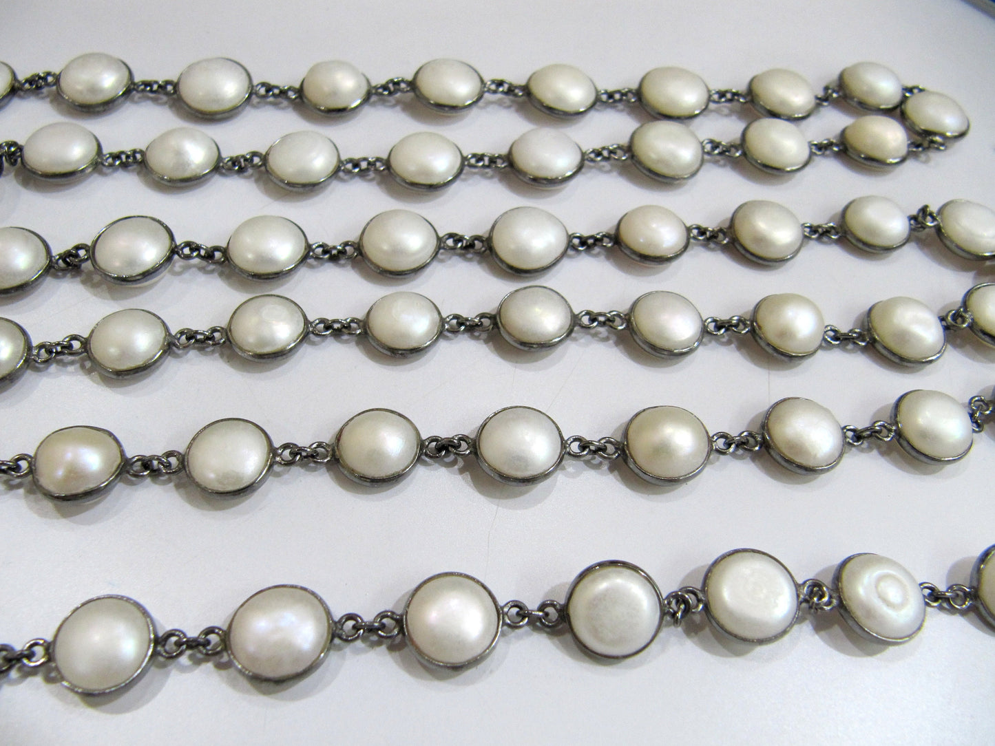 Natural Pearl 10-11mm Round Coin Shape Tiff Bezel Connector Chain Sold Per Foot Wholesale Prices Bezel Handmade chain sold per foot