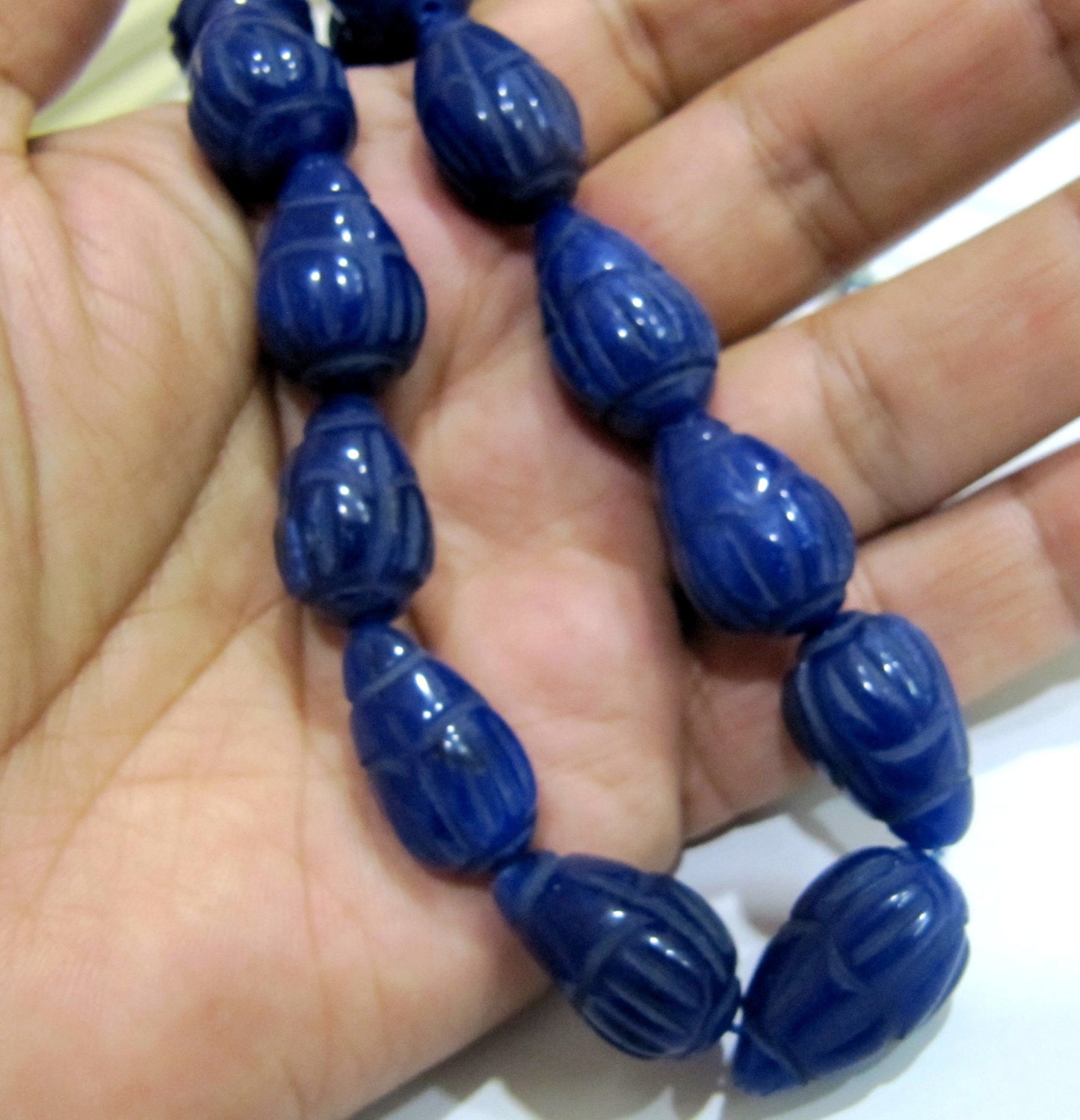 Pack of 6 Loose Beads :- Blue Sapphire Corundum Hand carved Tear Drop Shape Straight Drilled Size 10x14 to 14x20mm Beads Wholesale Prices