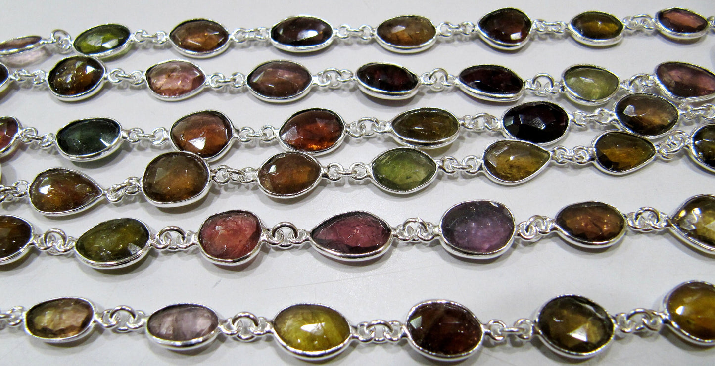 Natural Water Melon Multi color Tourmaline Briolette faceted Connector Chain Uneven Free Shape Sold Per Foot Wholesale Prices