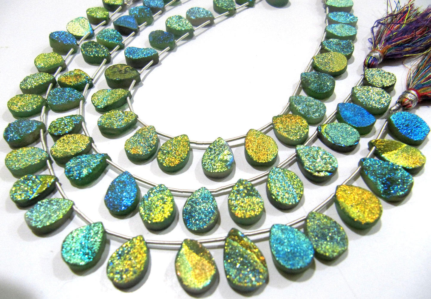 Natural Titanium Coated Agate Green Druzy Pear Shape Beads Jewelry Making Bead Strand 10 Inches Long Sold Per Strand