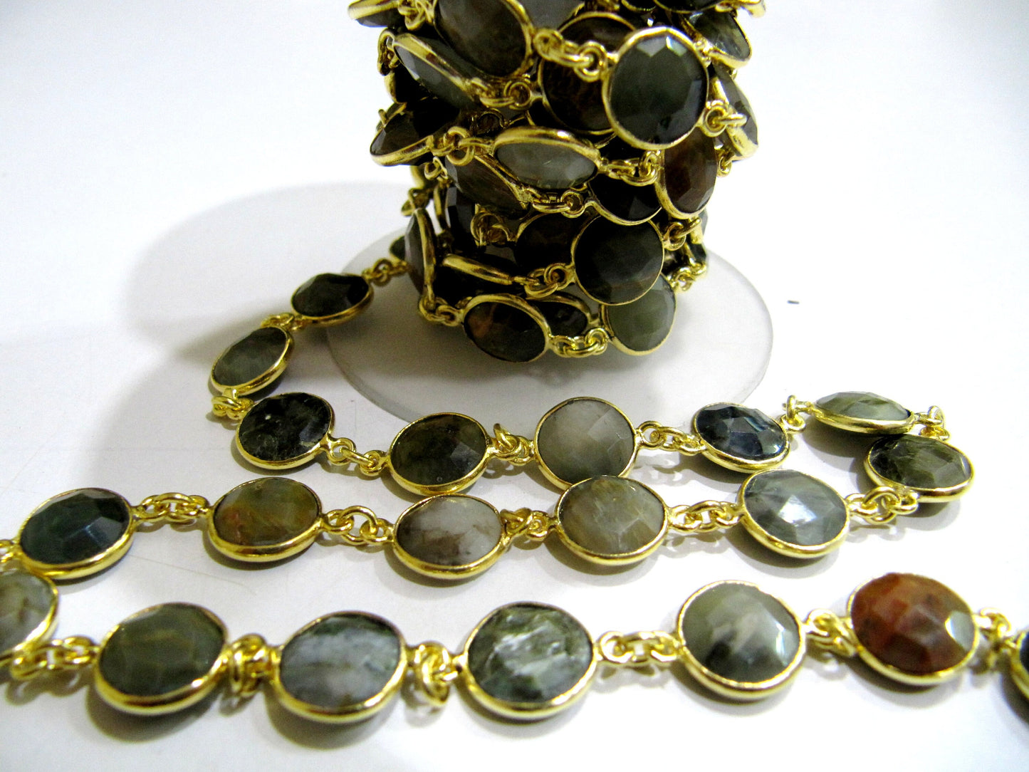 Natural Cat's Eye Round Coin Shape Briolette Faceted 10mm Bezel Connector Chain Best quality Wholesale Prices Sold Per Foot