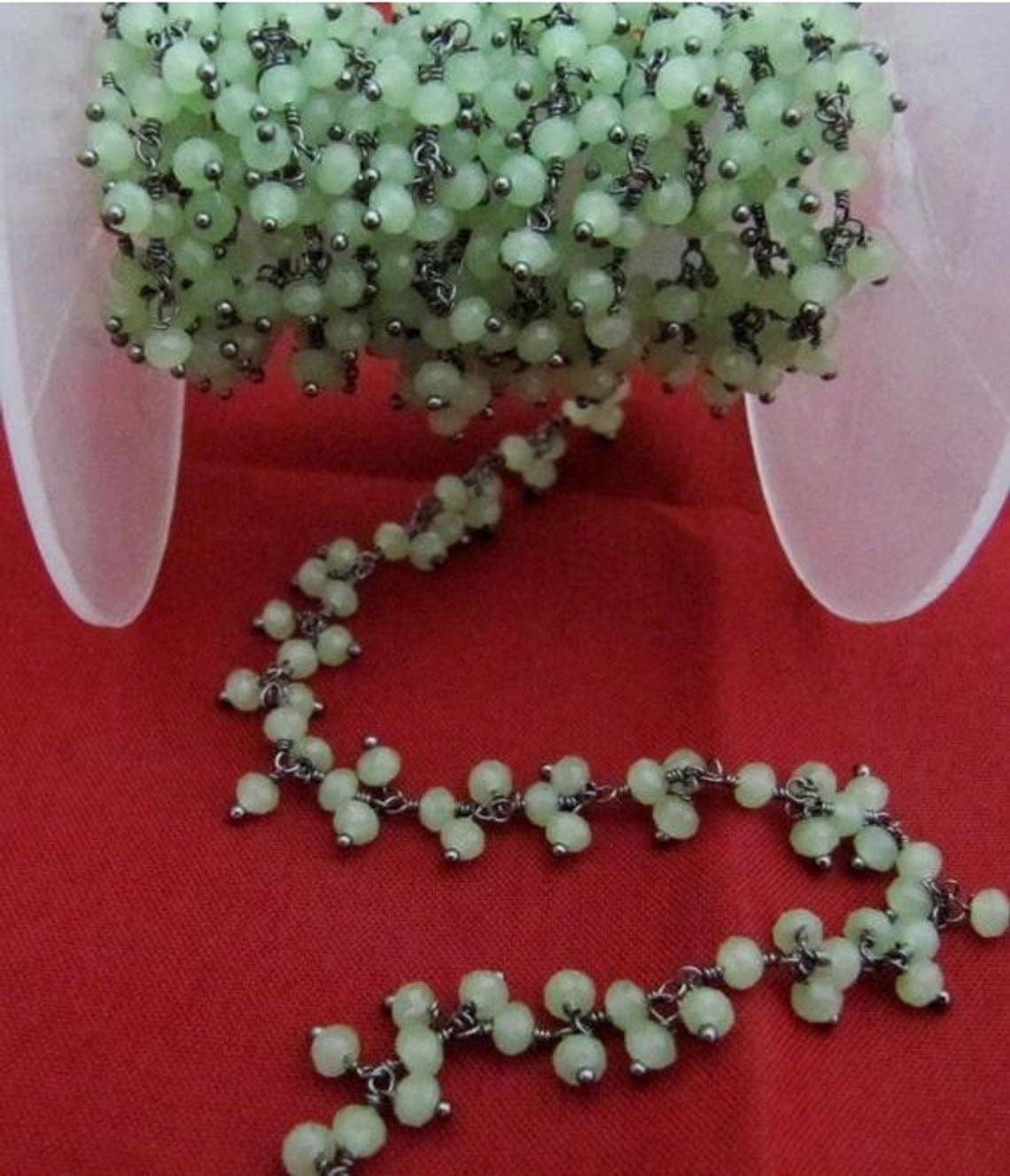 Green Chalcedony Dangling Chain Rondelle Faceted Beaded Cluster Chain 2.5-3mm Size Hydro Quartz Bead Chain Wholesale Price sold per foot