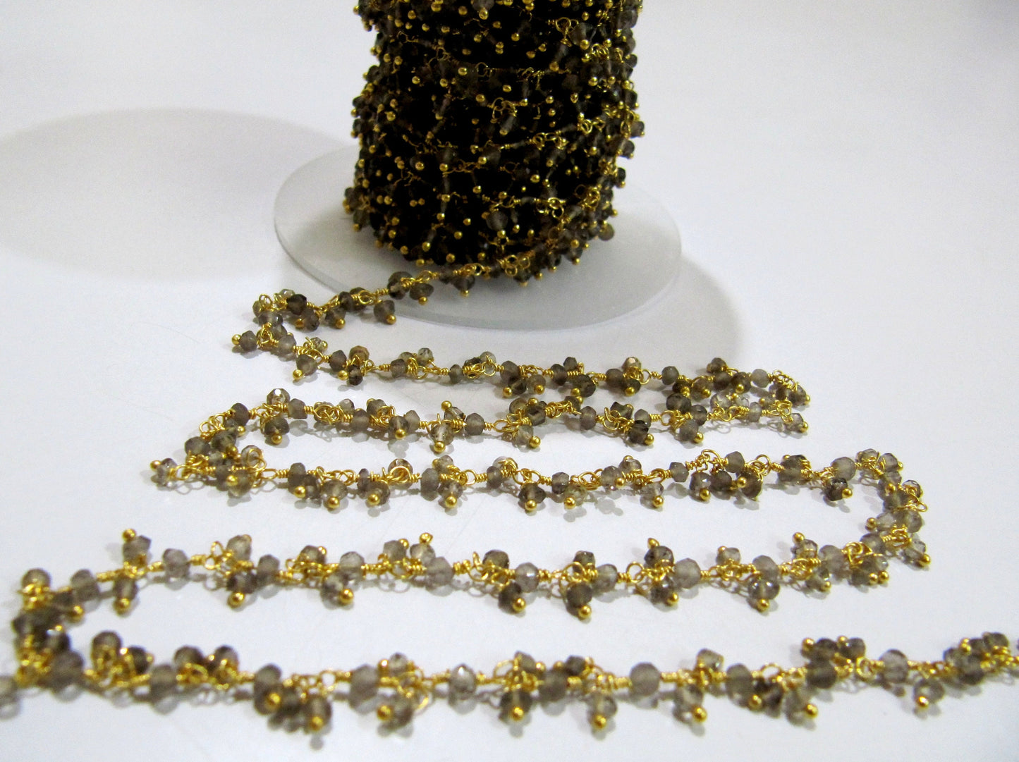 Natural Smoky Quartz Rondelle Faceted 3mm Beads Wire Wrapped Thick Dangling Rosary Beaded Chain Wholesale Prices sold per foot