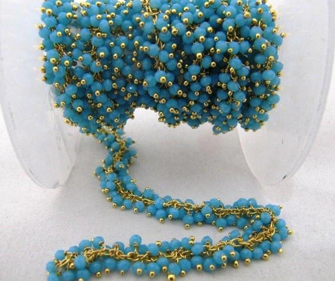 Aqua Chalcedony Hydro Quartz Rondelle Faceted 3mm Beads Cluster Dangling Chain Wire Wrapped Grape Beaded Rosary chain sold per foot
