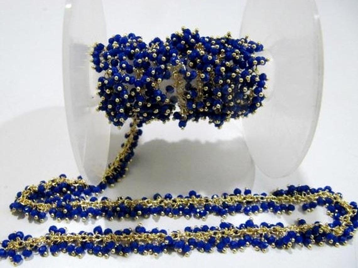 Peacock Blue Color Grape Chain, Hydro Quartz 2.5mm beads Wire Wrapped Dangling Cluster Handmade Beaded chain Sold per foot