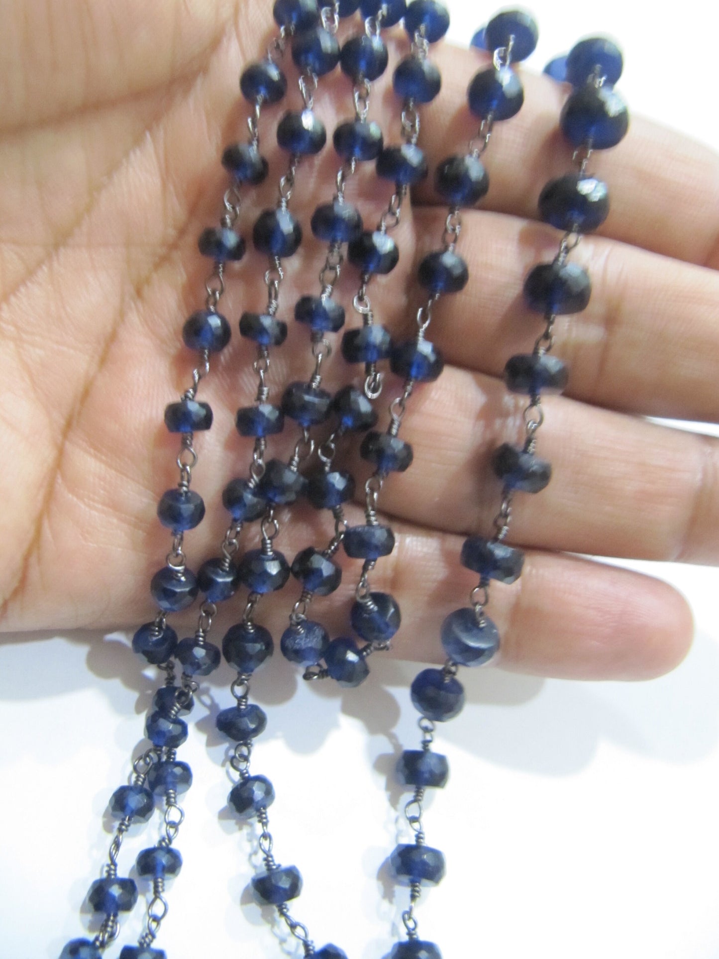 Blue Sapphire Rondelle Faceted 5 to 8mm Size Graduated Beaded Wire Wrapped Chain Jewelry making Chain Wholesale Prices Sold per foot
