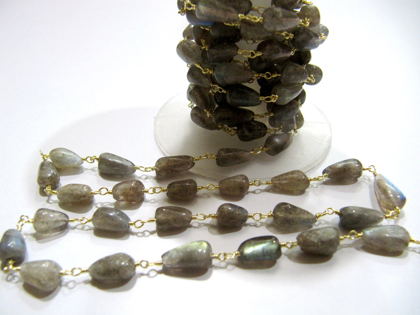 Natural Labradorite Plain Smooth Drop Shape 5x10mm Size Wire Wrapped Beaded Rosary Chain Jewelry making Chain Wholesale Prices sold per foot