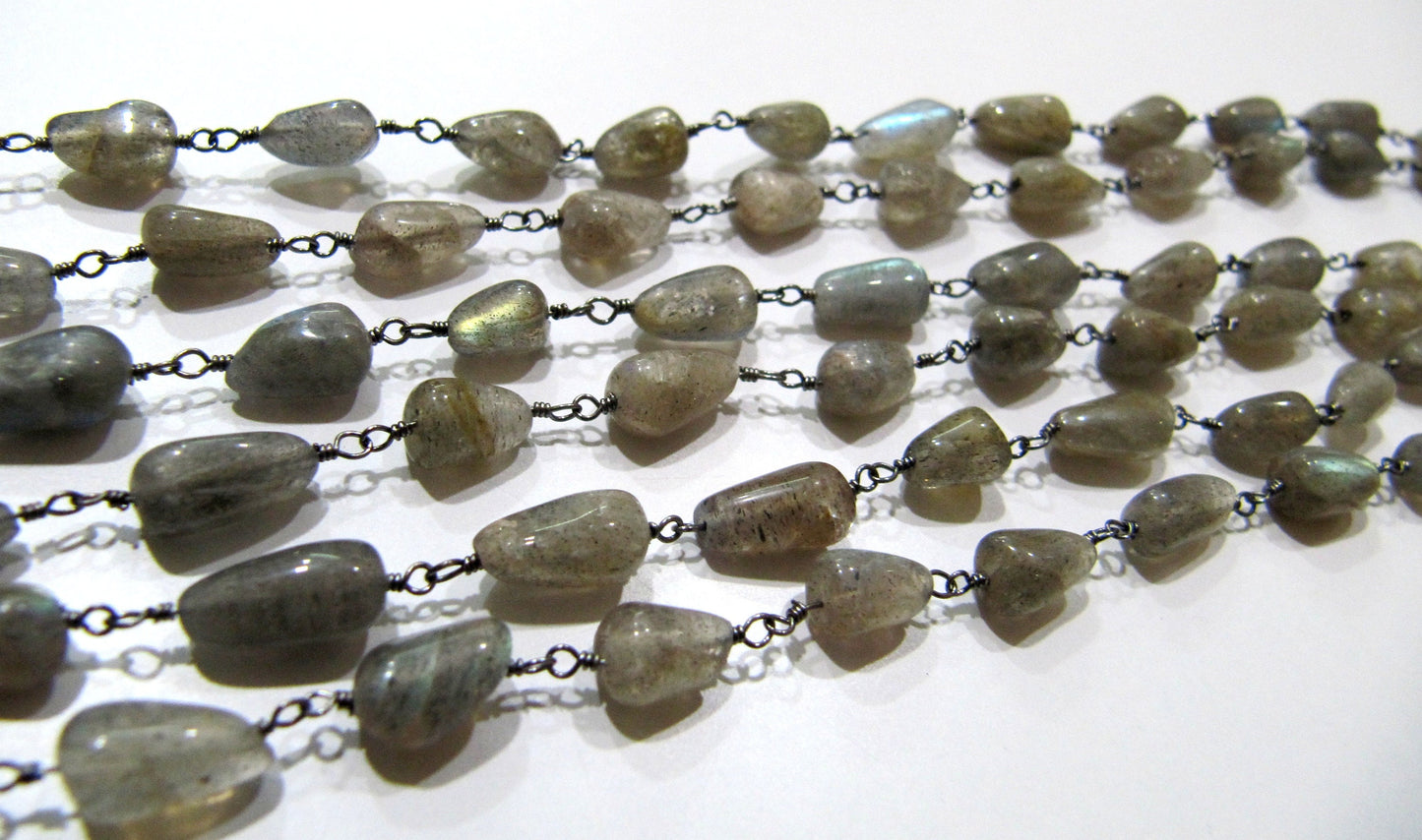 Natural Labradorite Plain Smooth Drop Shape 5x10mm Size Wire Wrapped Beaded Rosary Chain Jewelry making Chain Wholesale Prices sold per foot