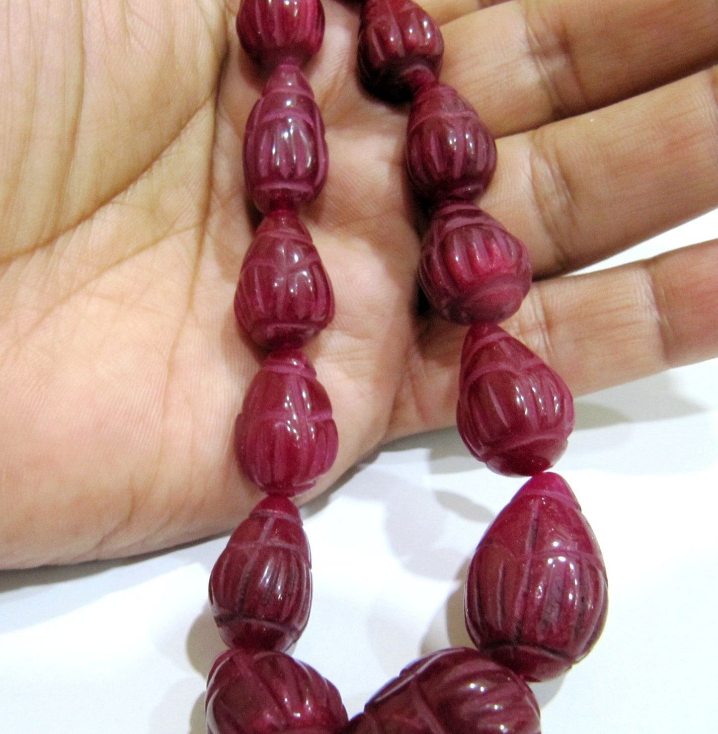 Pack of 6 Loose Beads :- Ruby Corundum Hand carved Tear Drop Shape Straight Drilled Size 10x14 to 14x20mm Beads Wholesale Prices