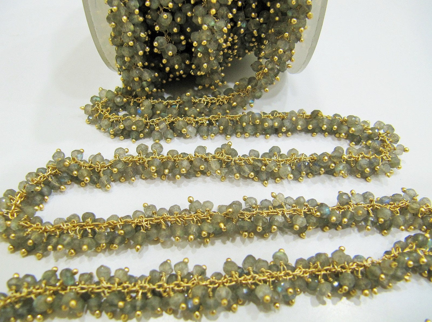 Natural Labradorite Rondelle Micro faceted 3mm Beaded Dangling Cluster Wire Wrapped Rosary Chain Wholesale Prices