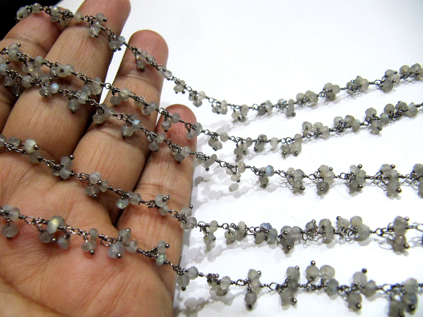 1 Foot -: Natural Labradorite Rondelle Faceted 3mm Size Beaded Wire Wrapped Dangling Cluster Rosary Chain Wholesale Prices