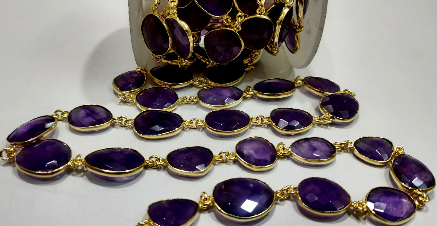 Natural Amethyst Nugget Briolette Connector Chain Uneven Free Shape 10 to 15mm Sold Per Foot High Quality Bezel