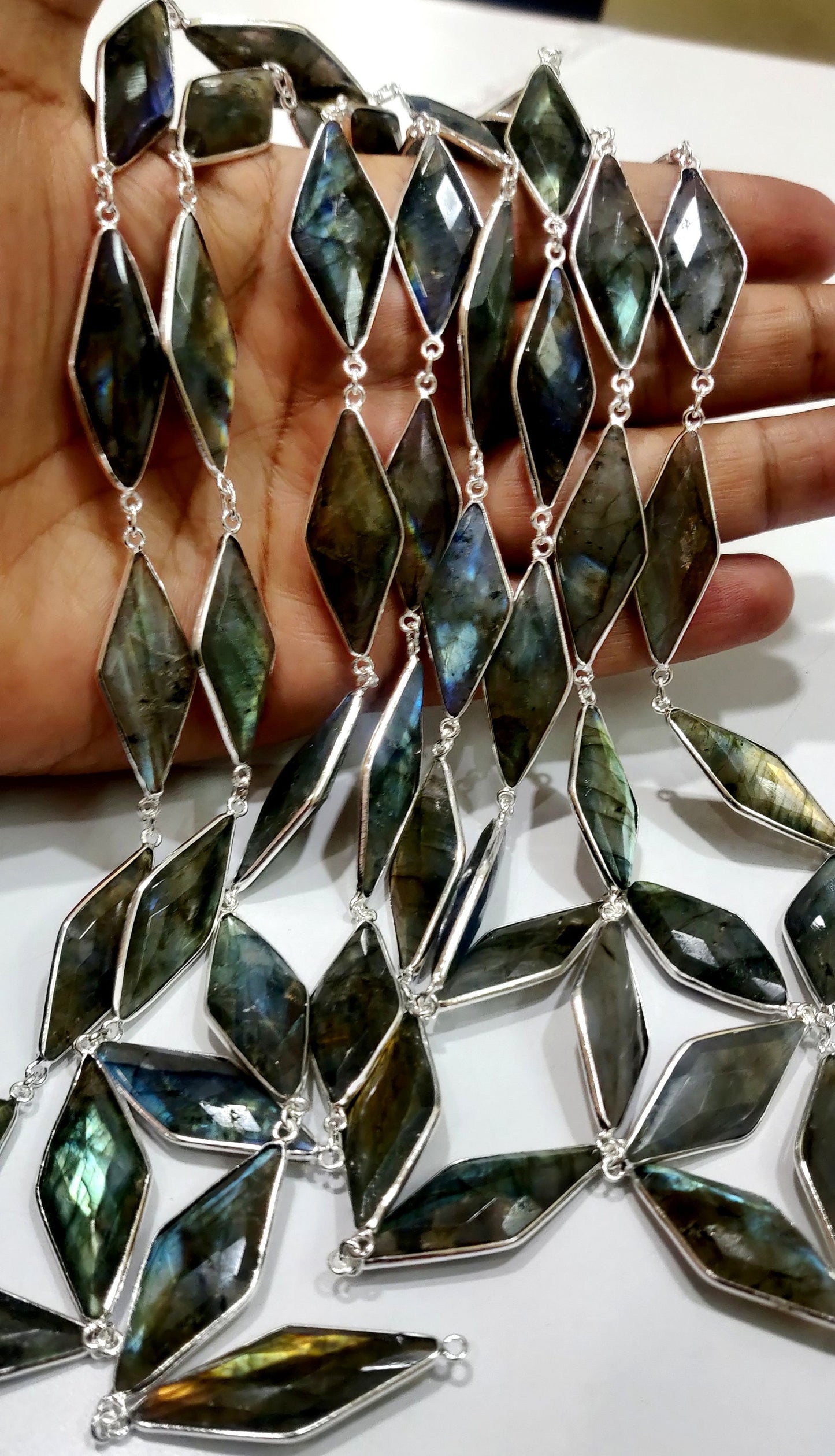 Natural Labradorite Marquise Fancy Shape Size 14x34mm Laser Cut Briolette Connector Chain Gold/Silver/Black/Rose Gold Plated Sold Per Foot