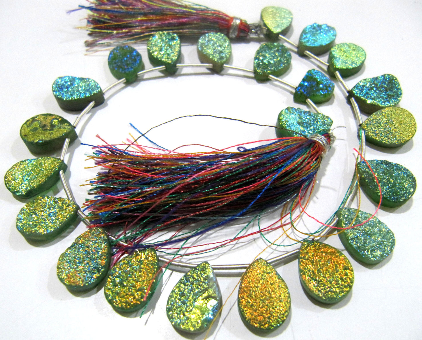Natural Titanium Coated Agate Green Druzy Pear Shape Beads Jewelry Making Bead Strand 10 Inches Long Sold Per Strand