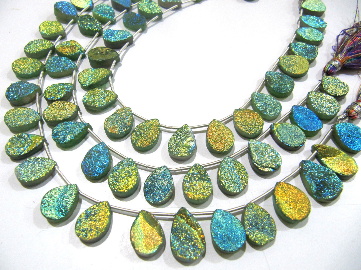 Natural Titanium Coated Agate Green Druzy Pear Shape Beads Jewelry Making Bead Strand 10 Inches Long Sold Per Strand