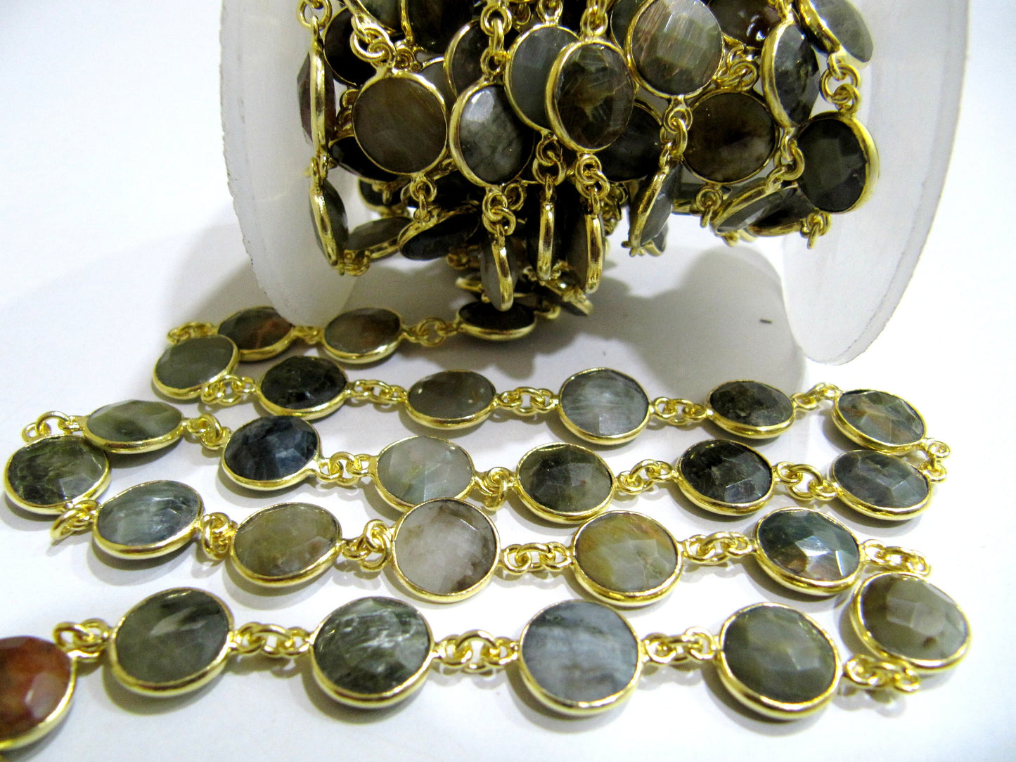 Natural Cat's Eye Round Coin Shape Briolette Faceted 10mm Bezel Connector Chain Best quality Wholesale Prices Sold Per Foot