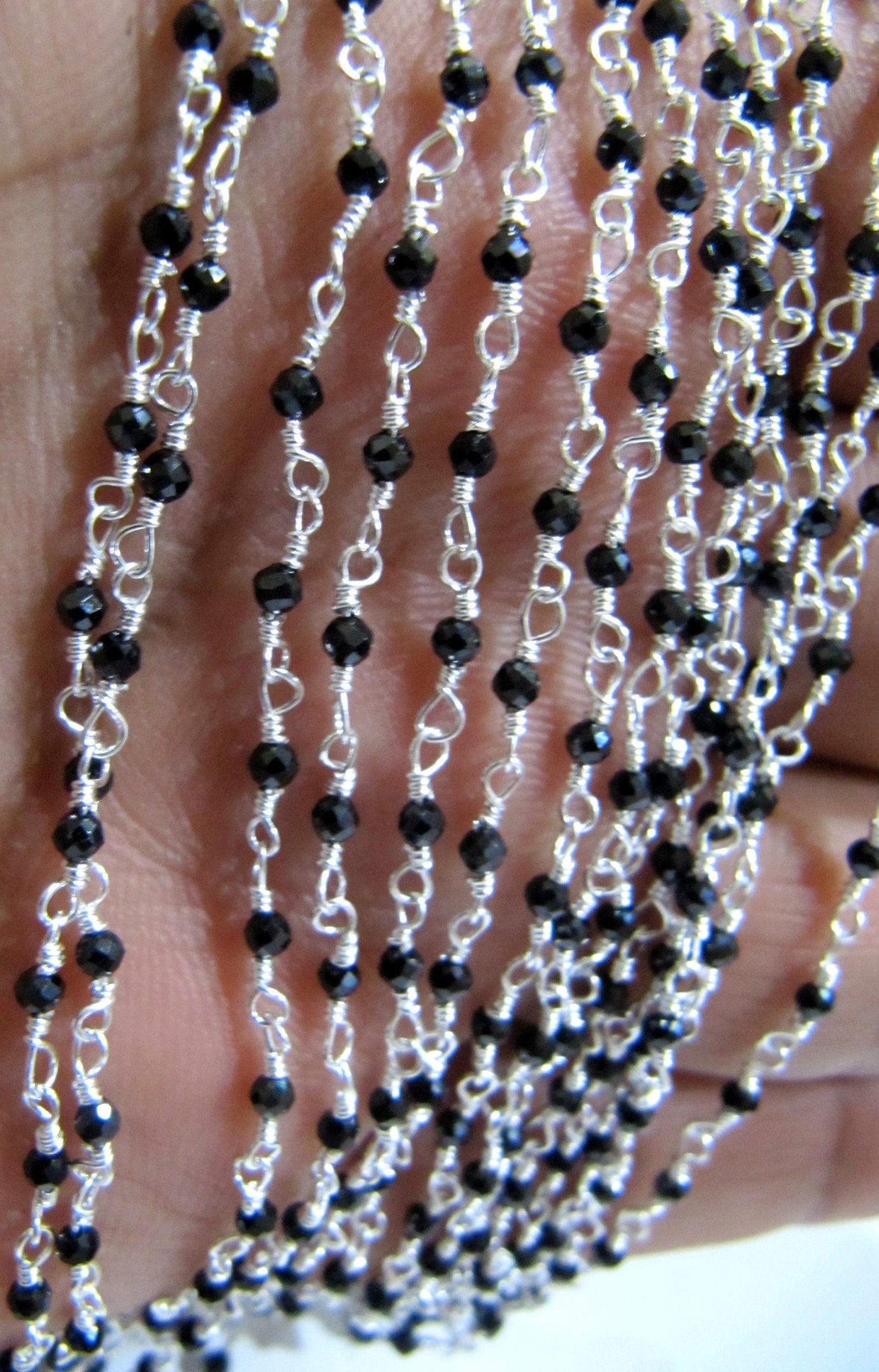 1 Foot -: Natural Black Spinel Rondelle Micro Faceted 2mm Size Beaded Wire Wrapped Rosary Chain Wholesale Prices Jewelry making Chain