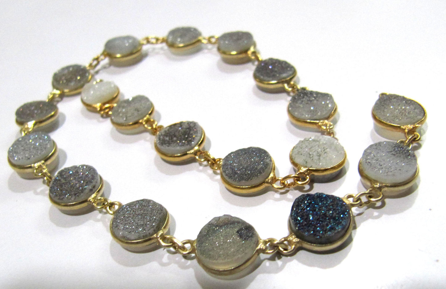 1 Foot -: Natural White Sugar Druzy Round Coin Shape 10mm Gold Plated Bezel Connector Chain Sold Per Foot Wholesale Prices