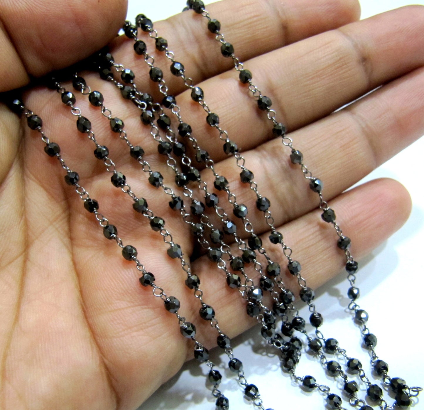Natural Black CZ Rondelle Micro Faceted 3mm Size Beaded Cubic Zircon Wire Wrapped Rosary Chain Wholesale Prices sold per foot