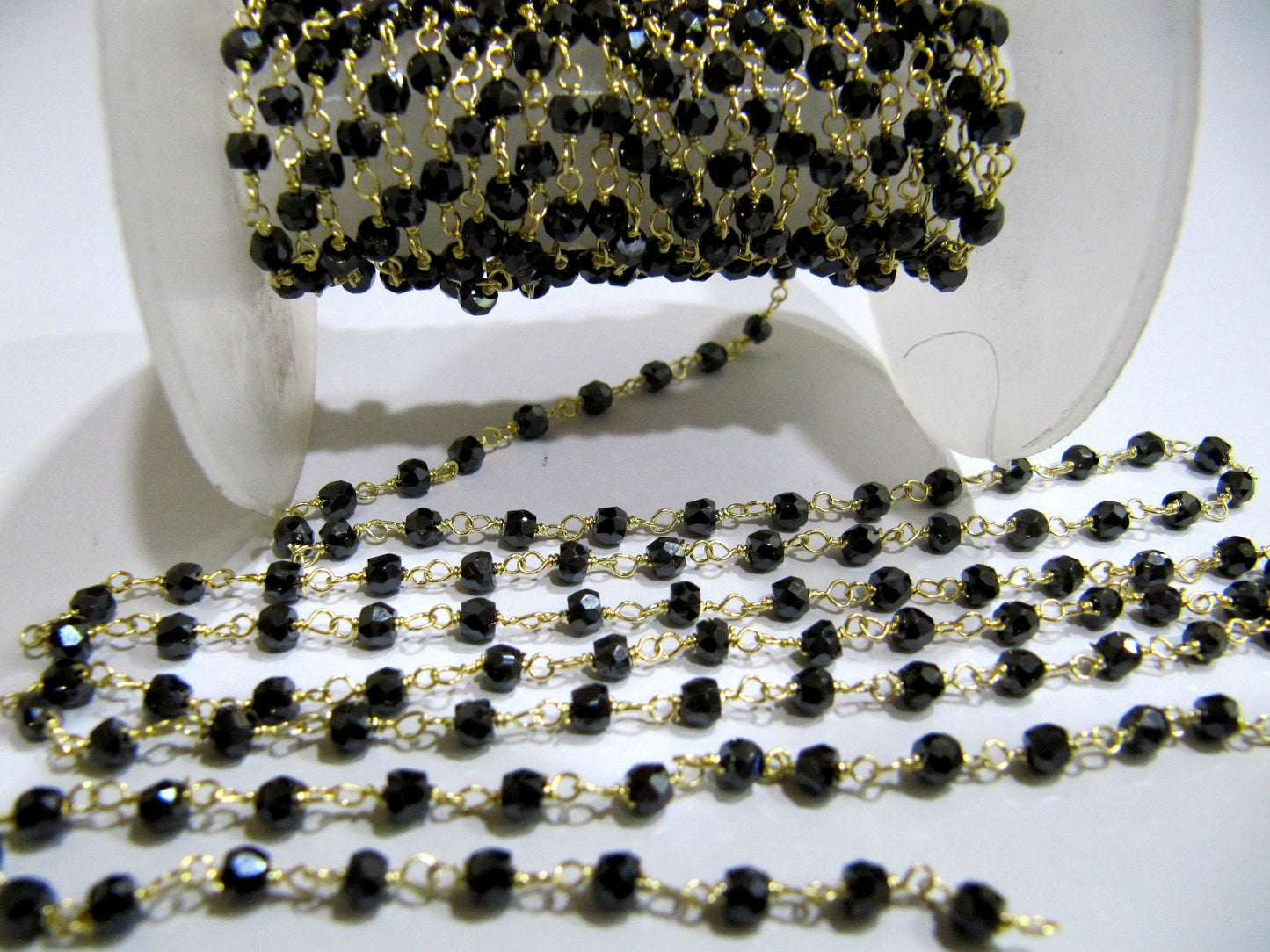 Natural Black CZ Rondelle Micro Faceted 3mm Size Beaded Cubic Zircon Wire Wrapped Rosary Chain Wholesale Prices sold per foot