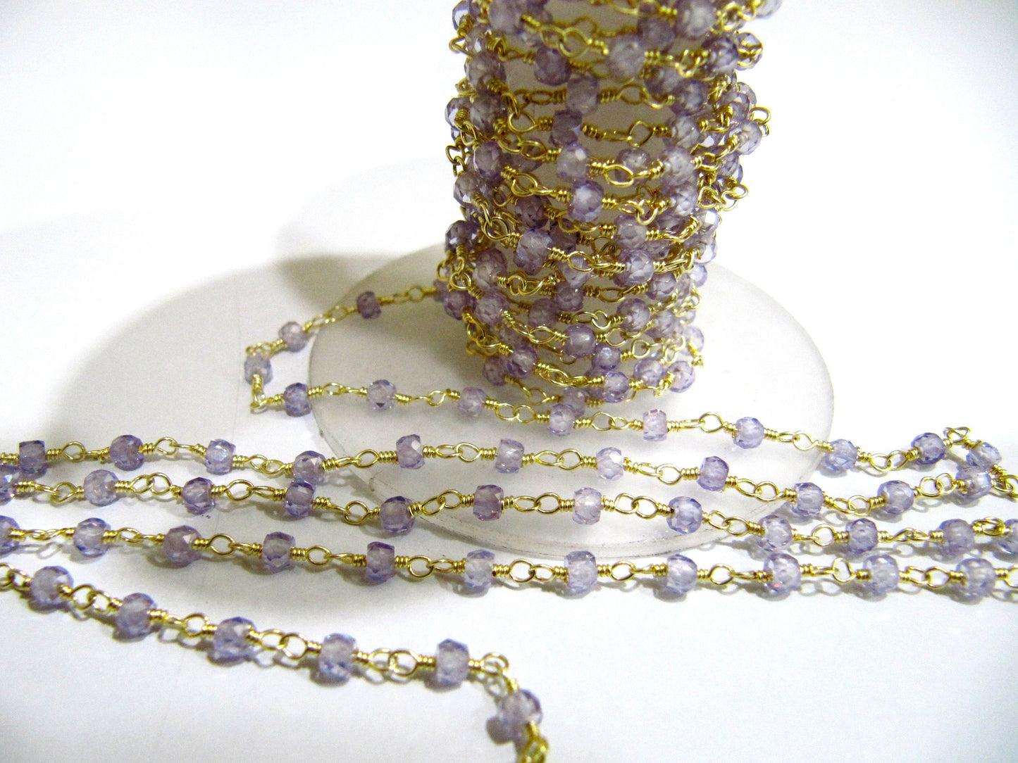 3 Feet - Amethyst Color Cubic Zirconia Rondelle Faceted 3mm Beaded Rosary Chain Gold/Silver/Black Plated Wholesale Price