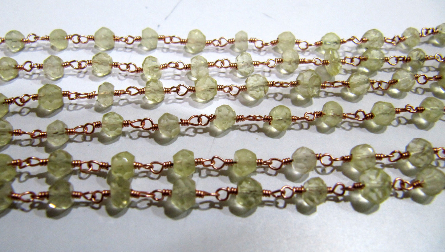 Natural Lemon Quartz Beaded Rosary Chain, Lemon Color 3 to 5mm Rondelle Faceted Rosary Bead Chain Wholesale Prices sold per foot