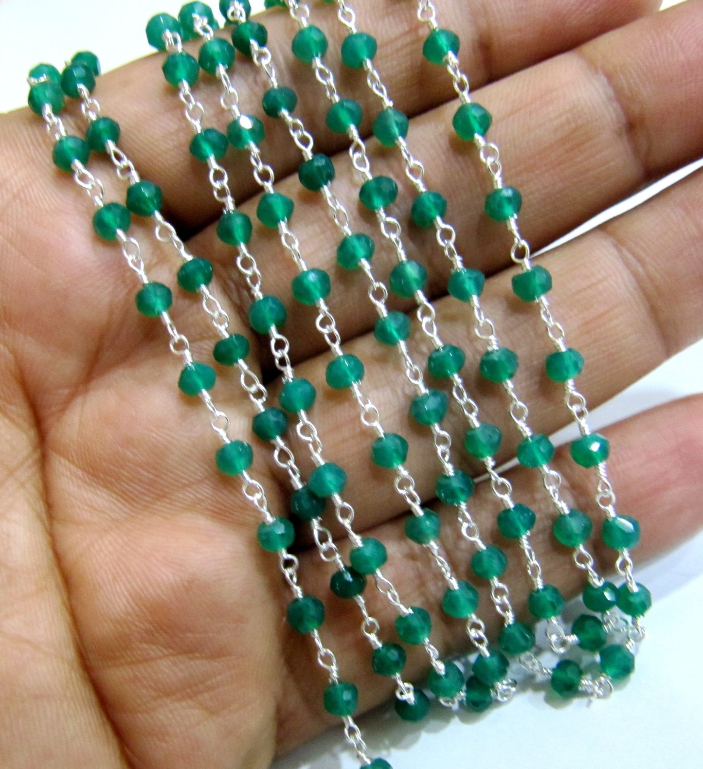 1 Foot -: Natural Green Onyx Rondelle Faceted 3-4mm Size Gemstone Beaded Wire Wrapped Rosary chain Wholesale Prices handmade chain