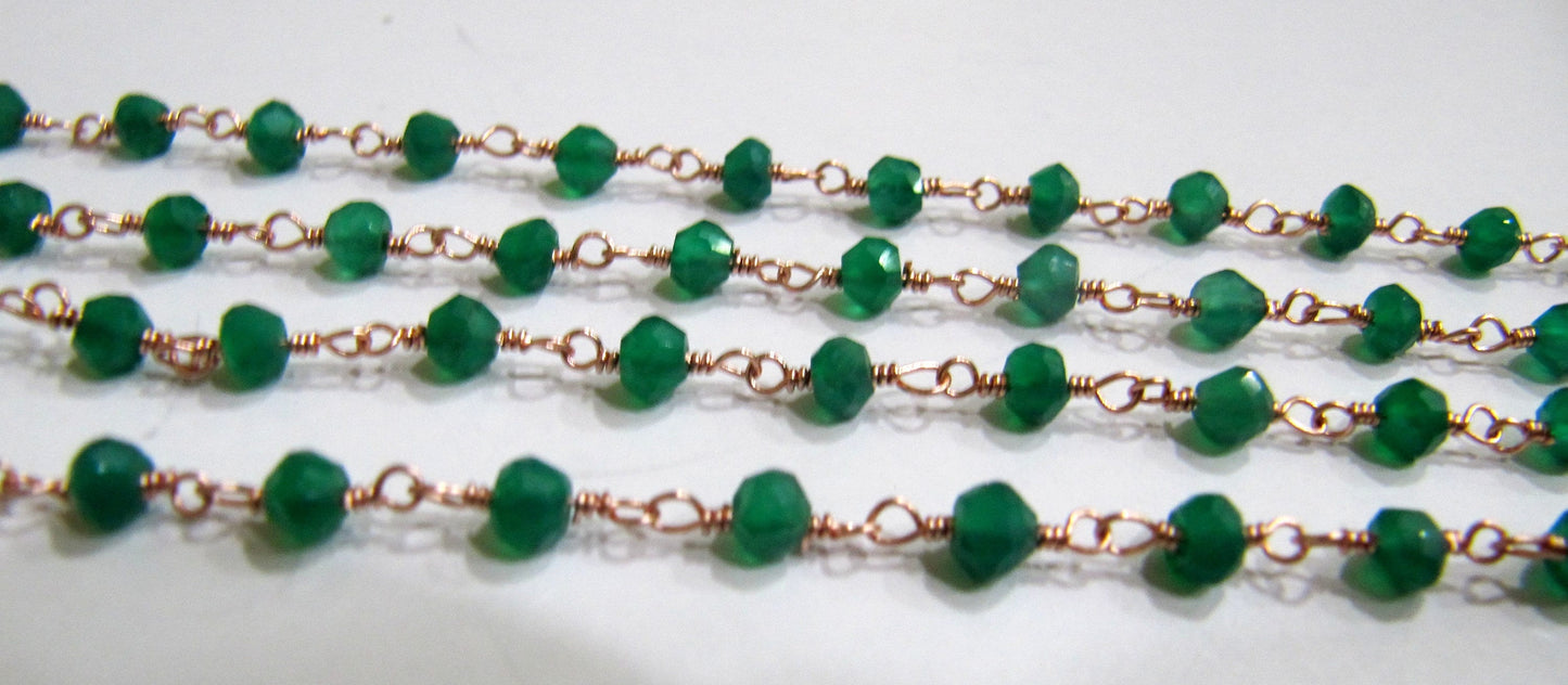 1 Foot -: Natural Green Onyx Rondelle Faceted 3-4mm Size Gemstone Beaded Wire Wrapped Rosary chain Wholesale Prices handmade chain
