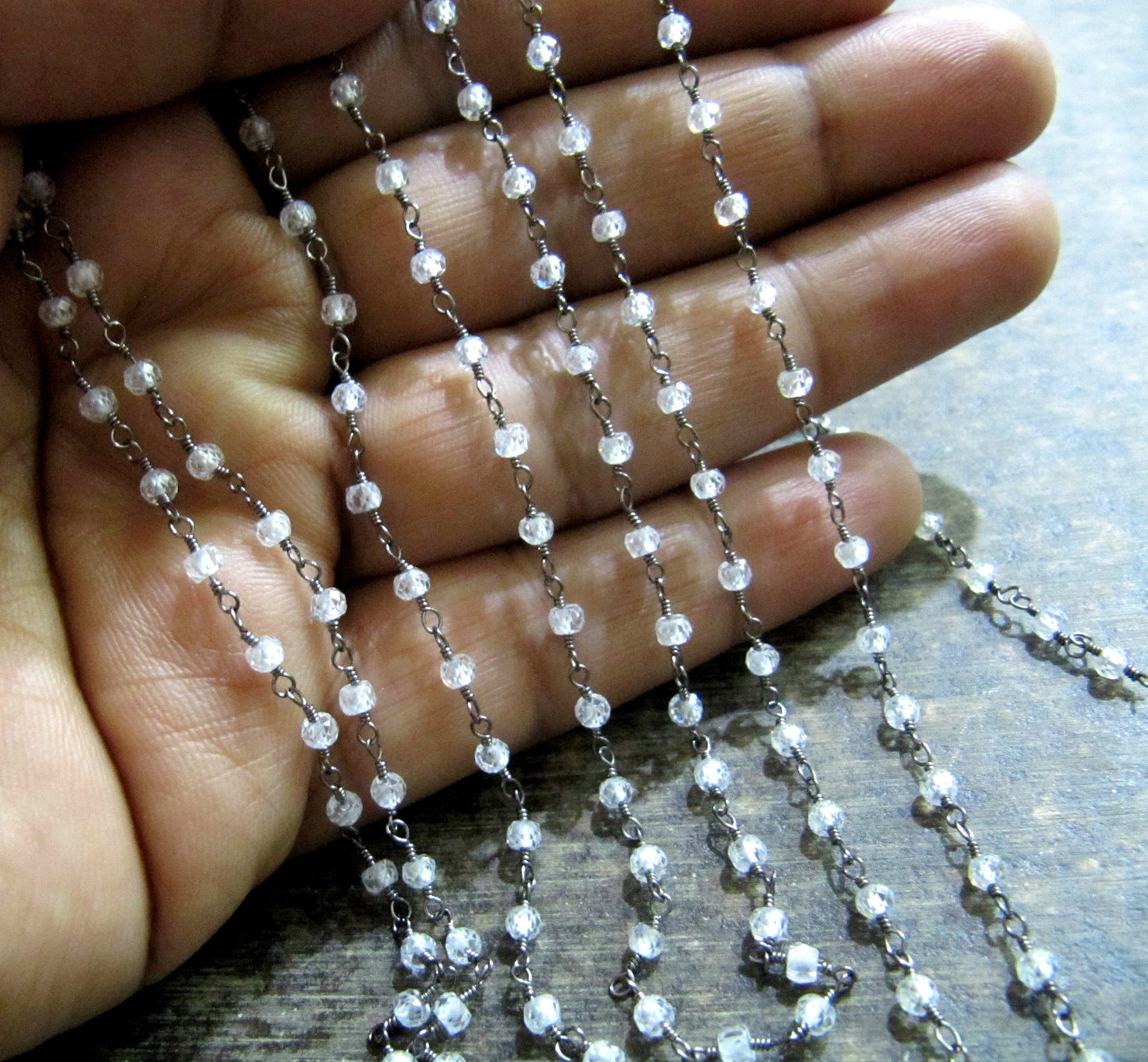 1 Foot -: White Cubic Zircon Rondelle Faceted 3-4mm Size Beaded Wire Wrapped Rosary Handmade chain Wholesale Prices Jewelry making chain